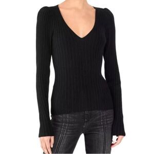RAMY BROOK New York Black Ribbed Puff Sleeve Quincy Sweater